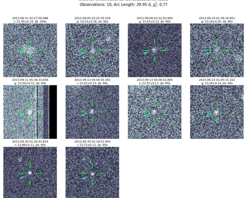 A mosaic of images of one of the 104 discoveries. This object would not have been discoverable by traditional means (only two tracklets, one on Sep 13 and another on Sep 30).